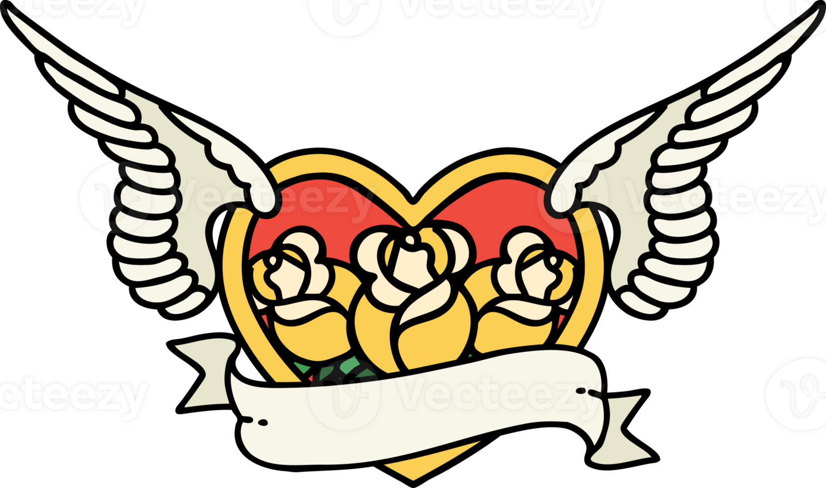 tattoo in traditional style of a flying heart with flowers and banner png