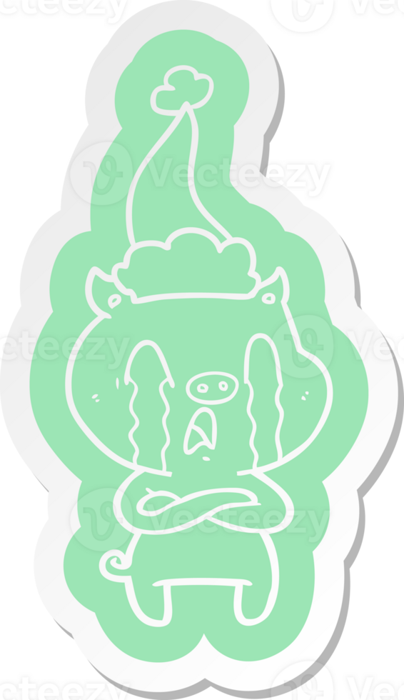 crying pig quirky cartoon  sticker of a wearing santa hat png