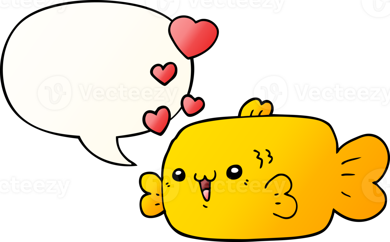 cute cartoon fish with love hearts with speech bubble in smooth gradient style png