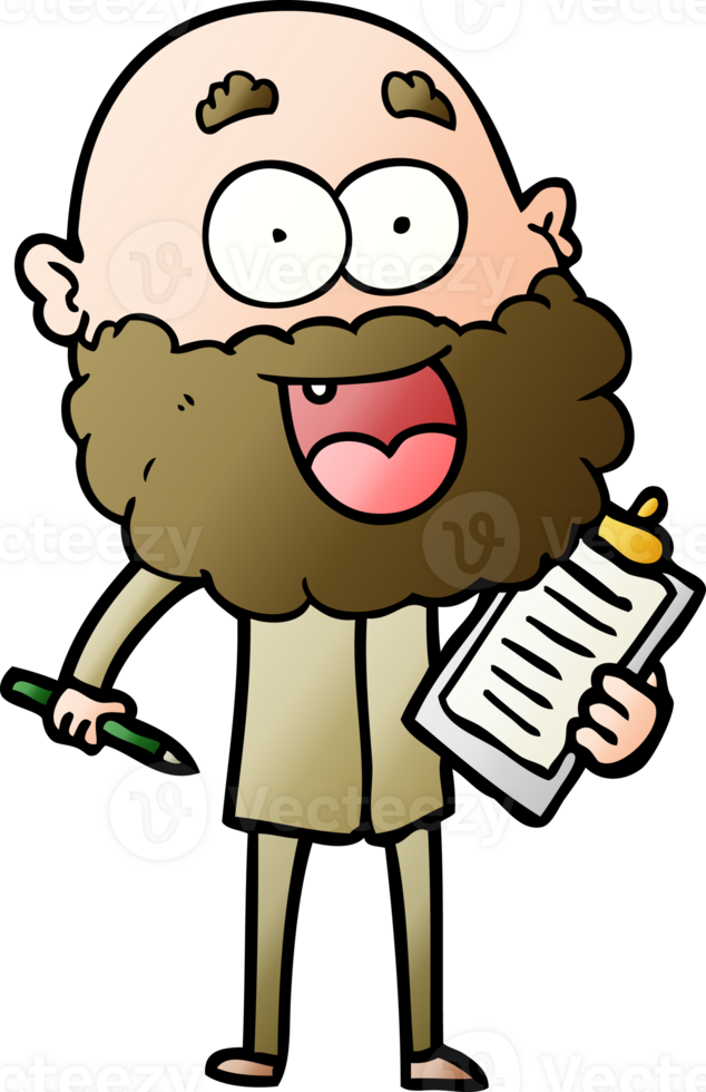 cartoon crazy happy man with beard and clip board for notes png