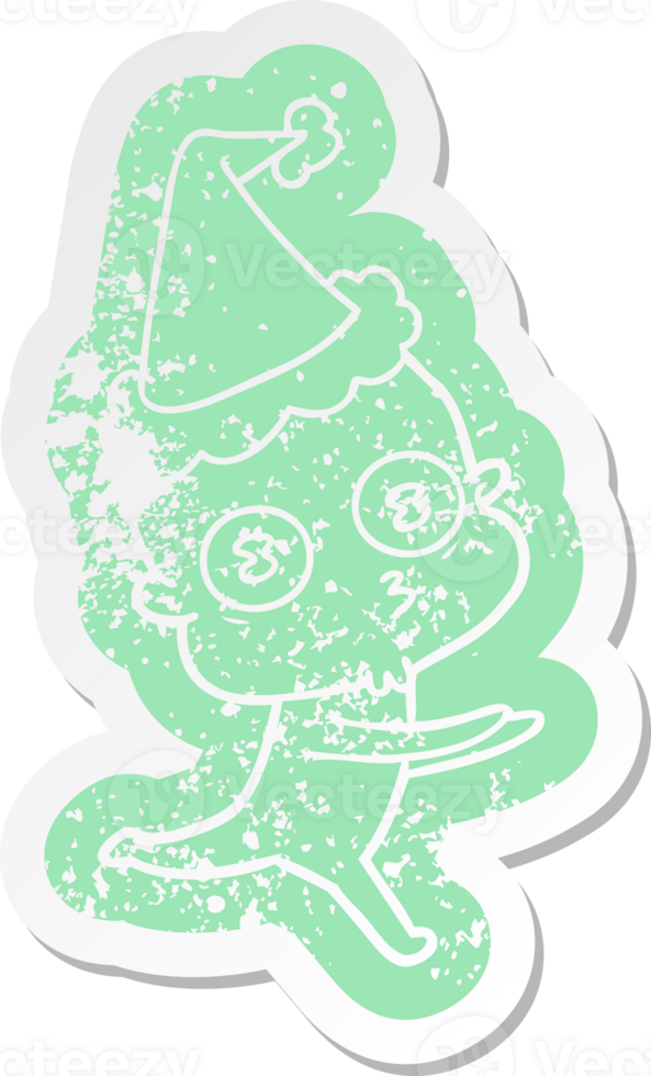 quirky cartoon distressed sticker of a weird bald spaceman running wearing santa hat png