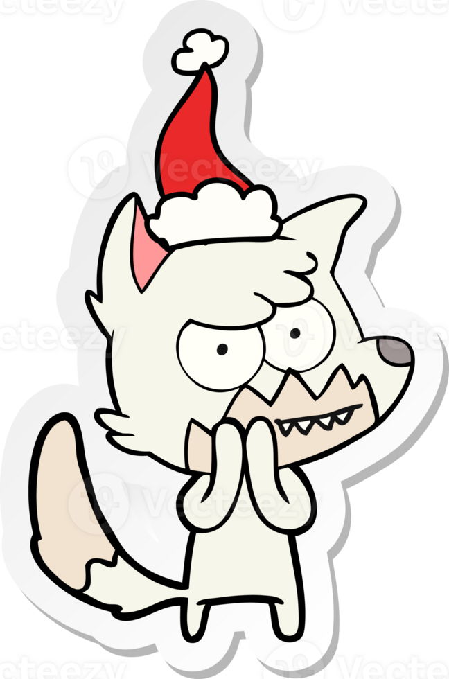 hand drawn sticker cartoon of a grinning fox wearing santa hat png