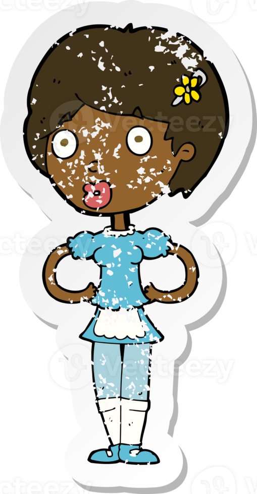 retro distressed sticker of a cartoon woman in french maid outfit png