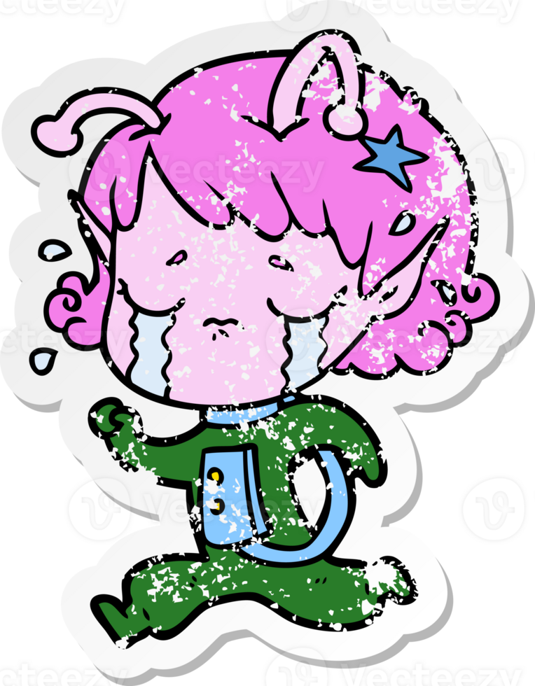 distressed sticker of a cartoon crying alien girl png