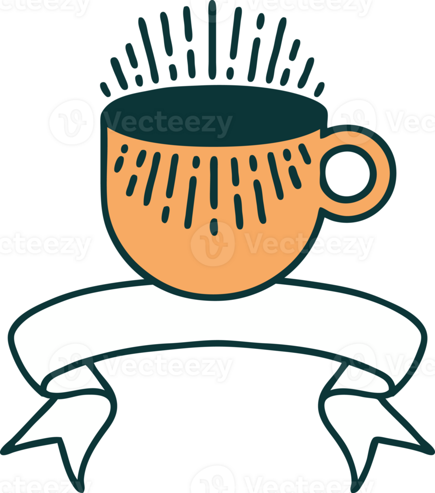traditional tattoo with banner of cup of coffee png