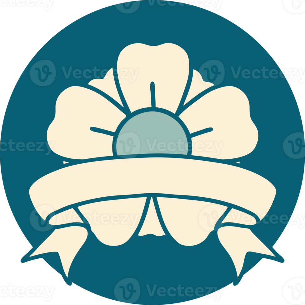 tattoo style icon with banner of a flower png