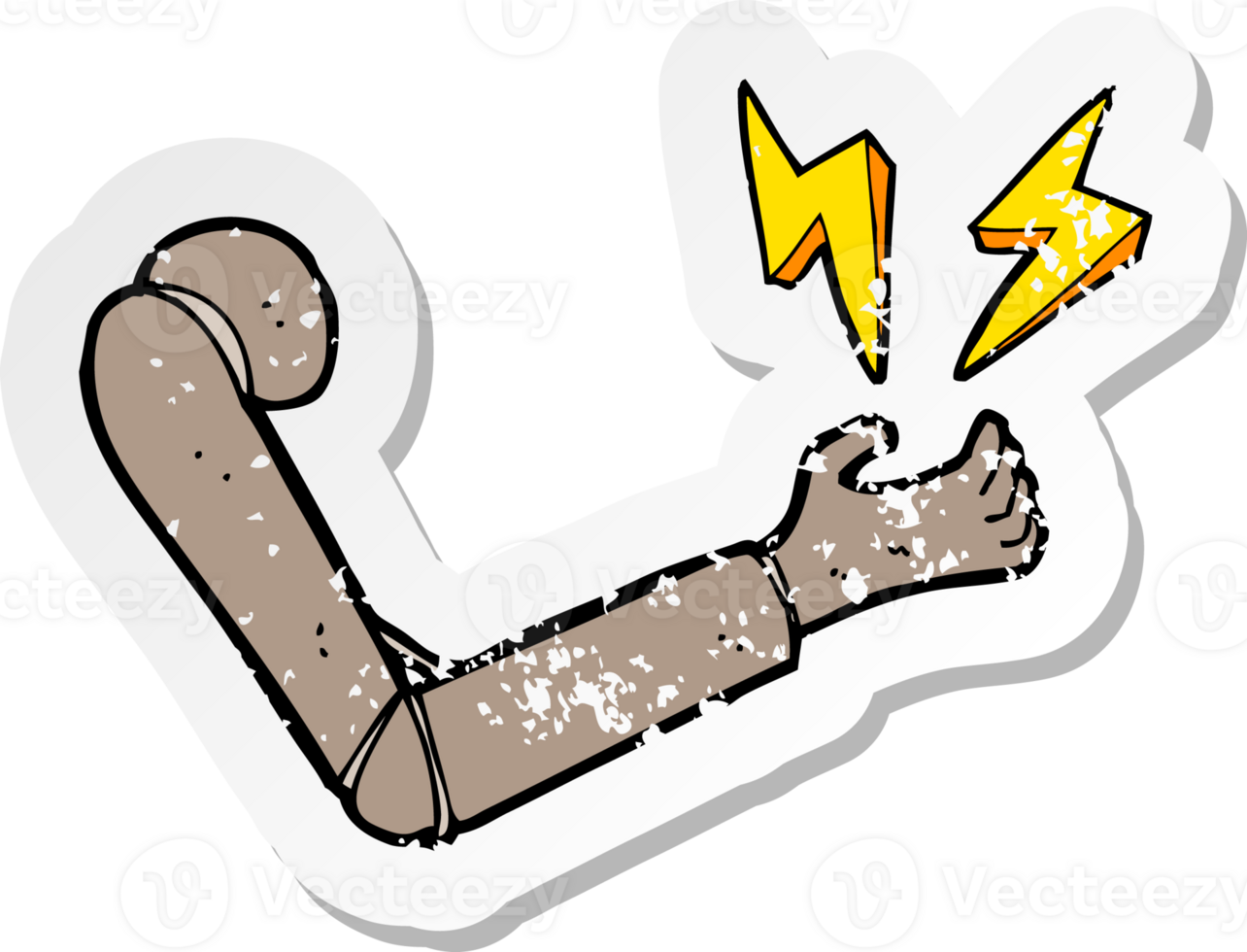retro distressed sticker of a cartoon prosthetic arm png