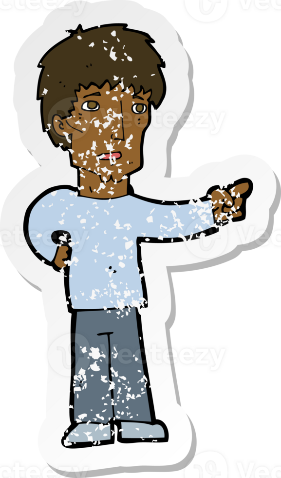 retro distressed sticker of a cartoon pointing man png