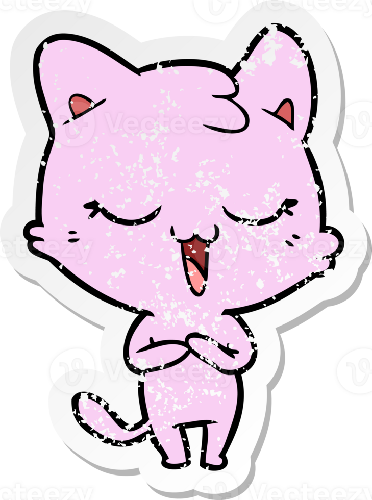 distressed sticker of a happy cartoon cat png