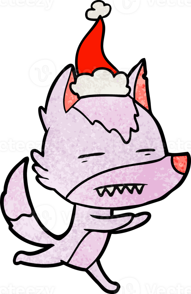 hand drawn textured cartoon of a wolf showing teeth wearing santa hat png