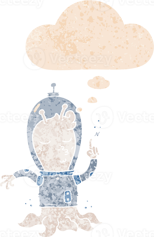 cartoon alien with thought bubble in grunge distressed retro textured style png
