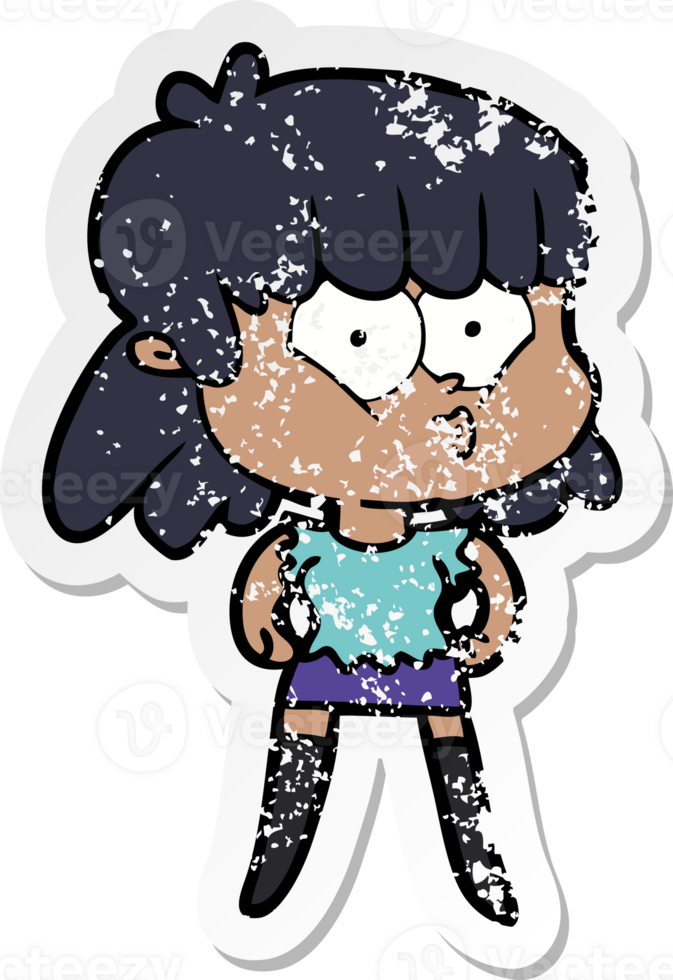 distressed sticker of a cartoon whistling girl png