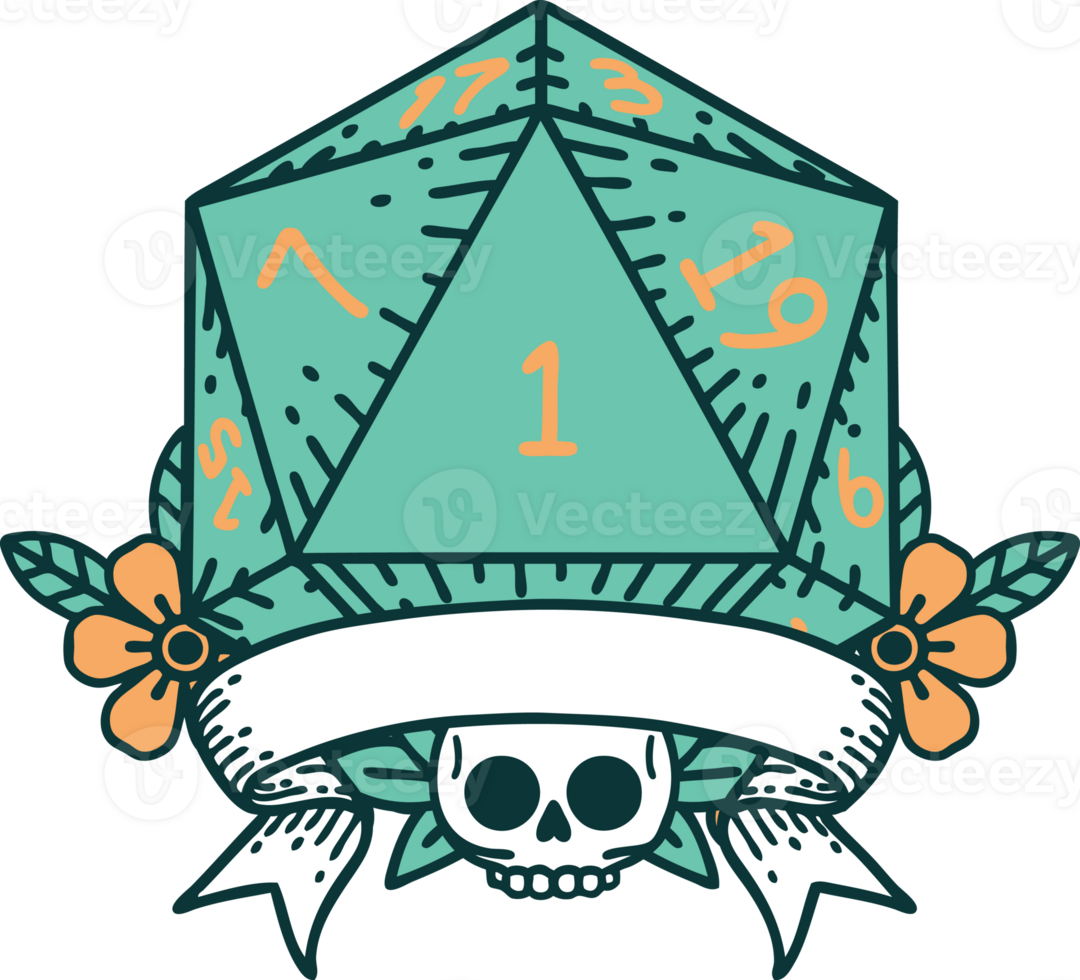 Retro Tattoo Style natural one d20 dice roll png