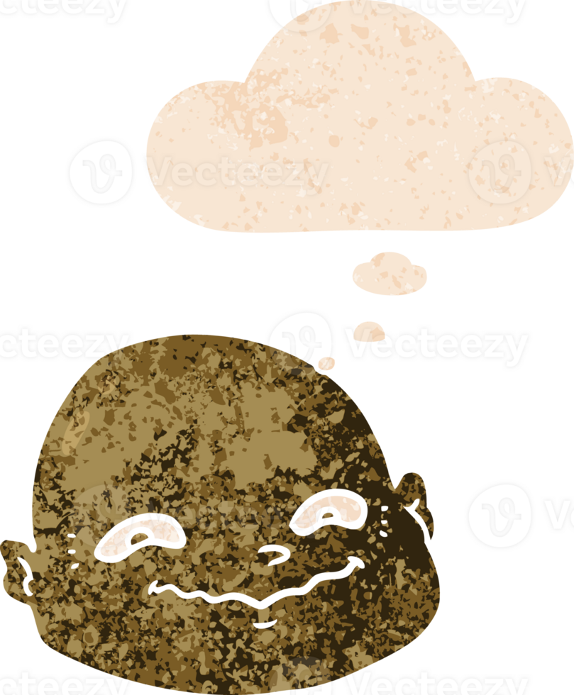 cartoon bald man with thought bubble in grunge distressed retro textured style png