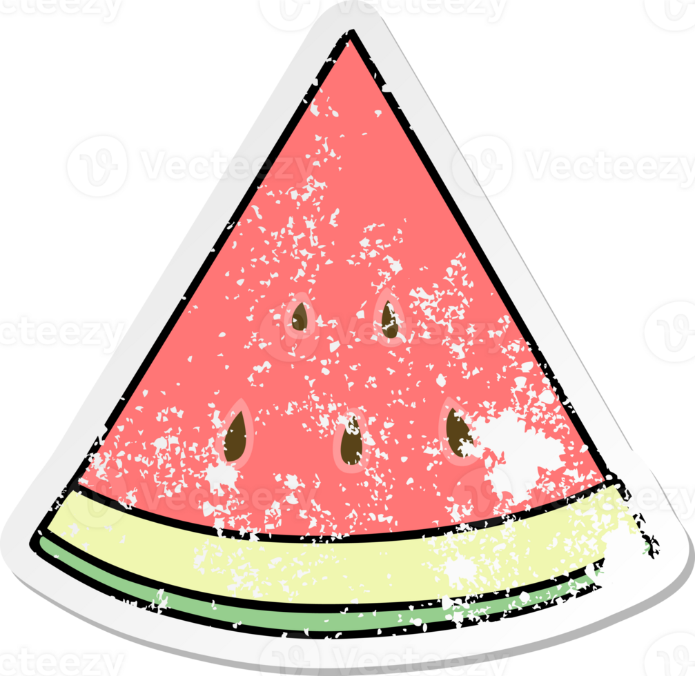 distressed sticker of a quirky hand drawn cartoon watermelon png