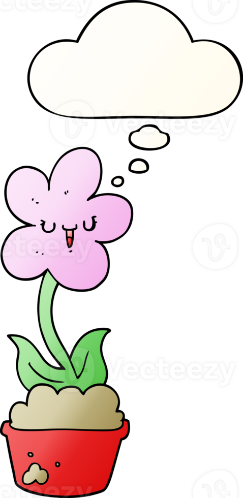 cute cartoon flower with thought bubble in smooth gradient style png