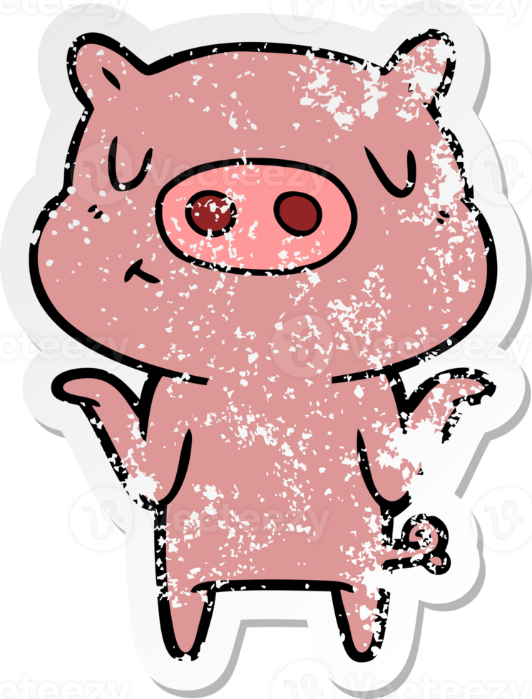 distressed sticker of a cartoon content pig png