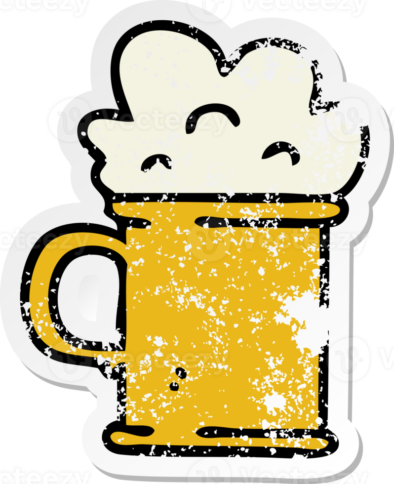 distressed sticker of a quirky hand drawn cartoon tankard of beer png
