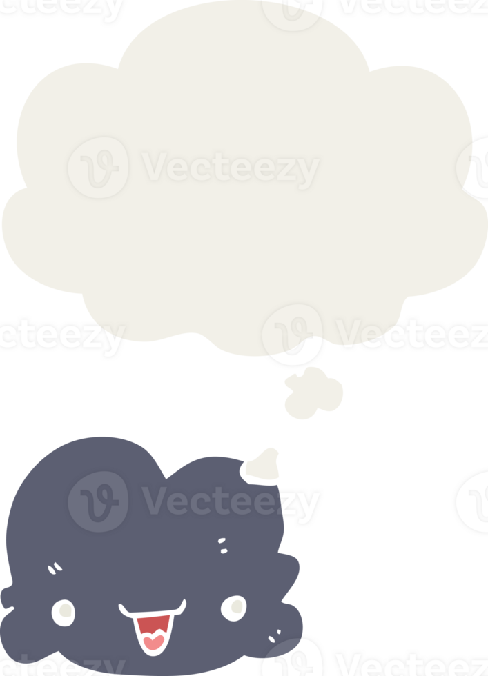 cartoon tiny happy cloud with thought bubble in retro style png