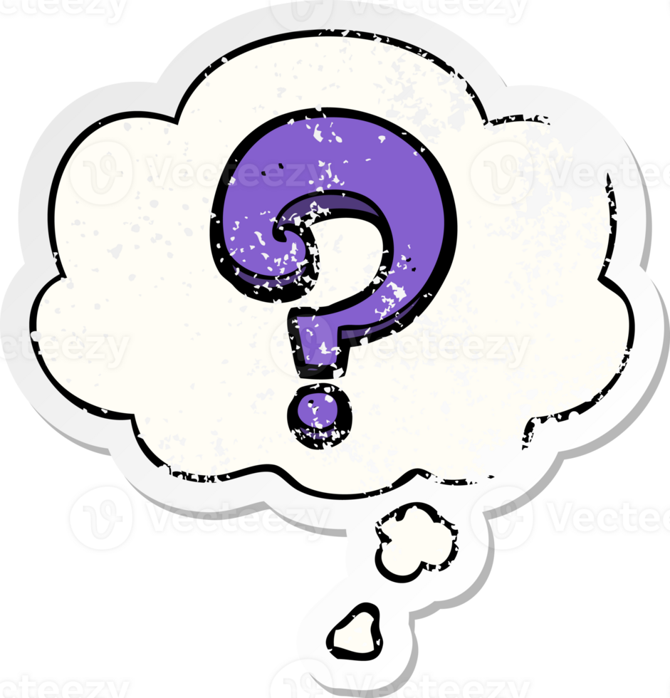 cartoon question mark with thought bubble as a distressed worn sticker png