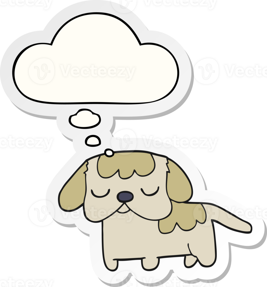 cute cartoon puppy with thought bubble as a printed sticker png