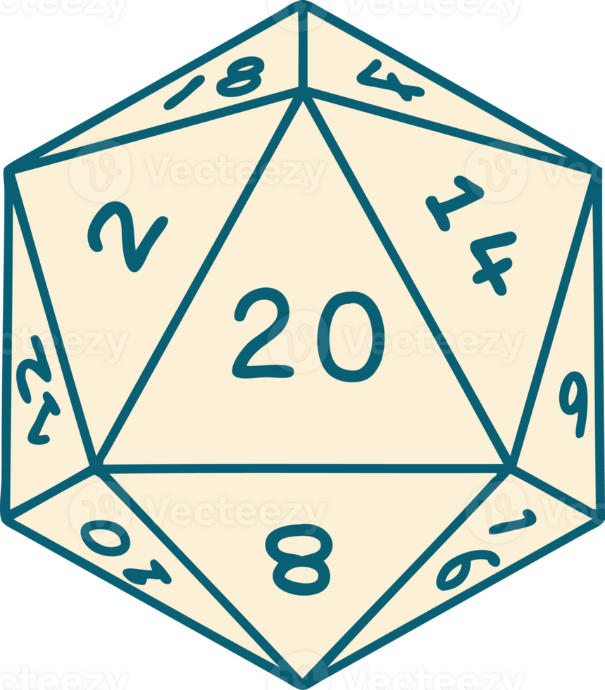 Retro Tattoo Style natural 20 D20 dice roll png