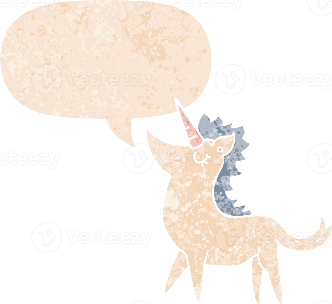 cartoon unicorn with speech bubble in grunge distressed retro textured style png