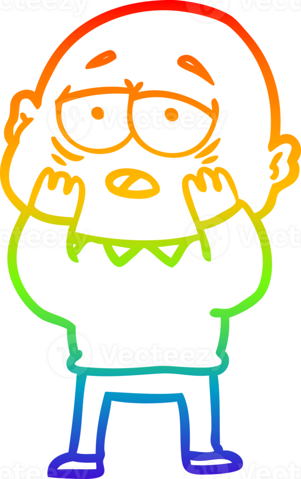 rainbow gradient line drawing of a cartoon tired bald man png