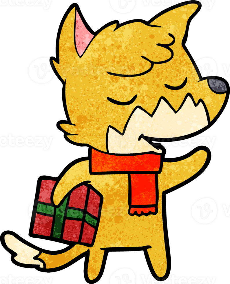 friendly cartoon fox with christmas present png