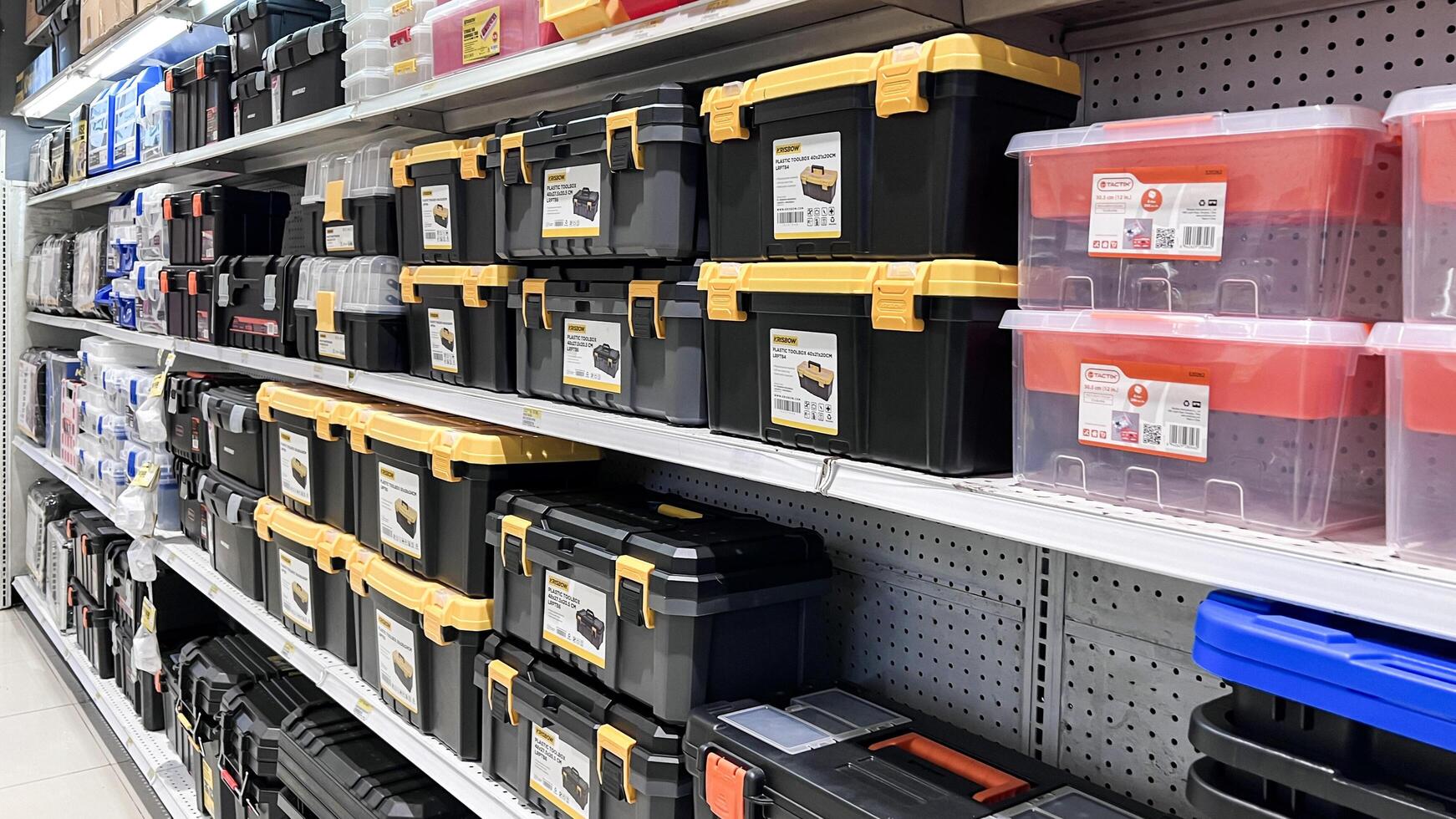 shelf with power tools in the store Ace hardware. Necessary tools for small repairs in everyday life. Bekasi, Indonesia, May 1, 2024 photo