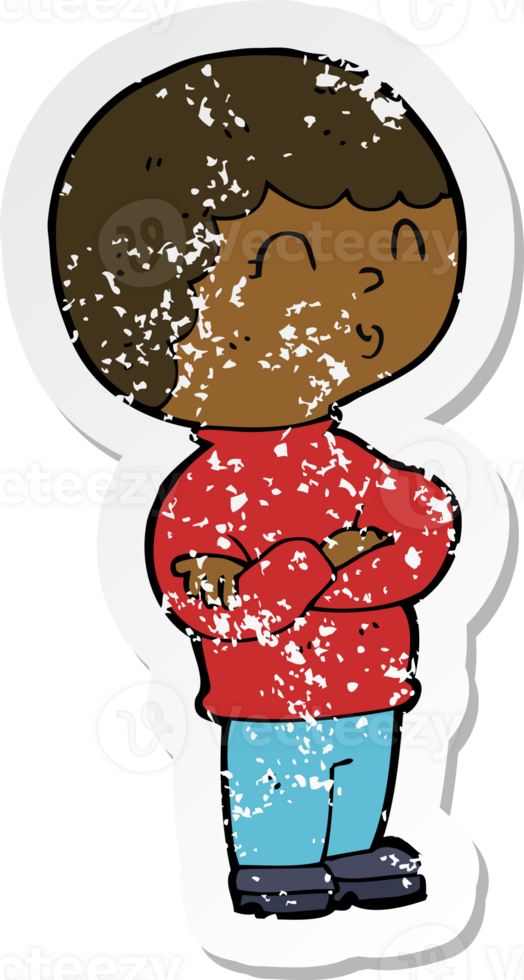 retro distressed sticker of a cartoon boy with folded arms png