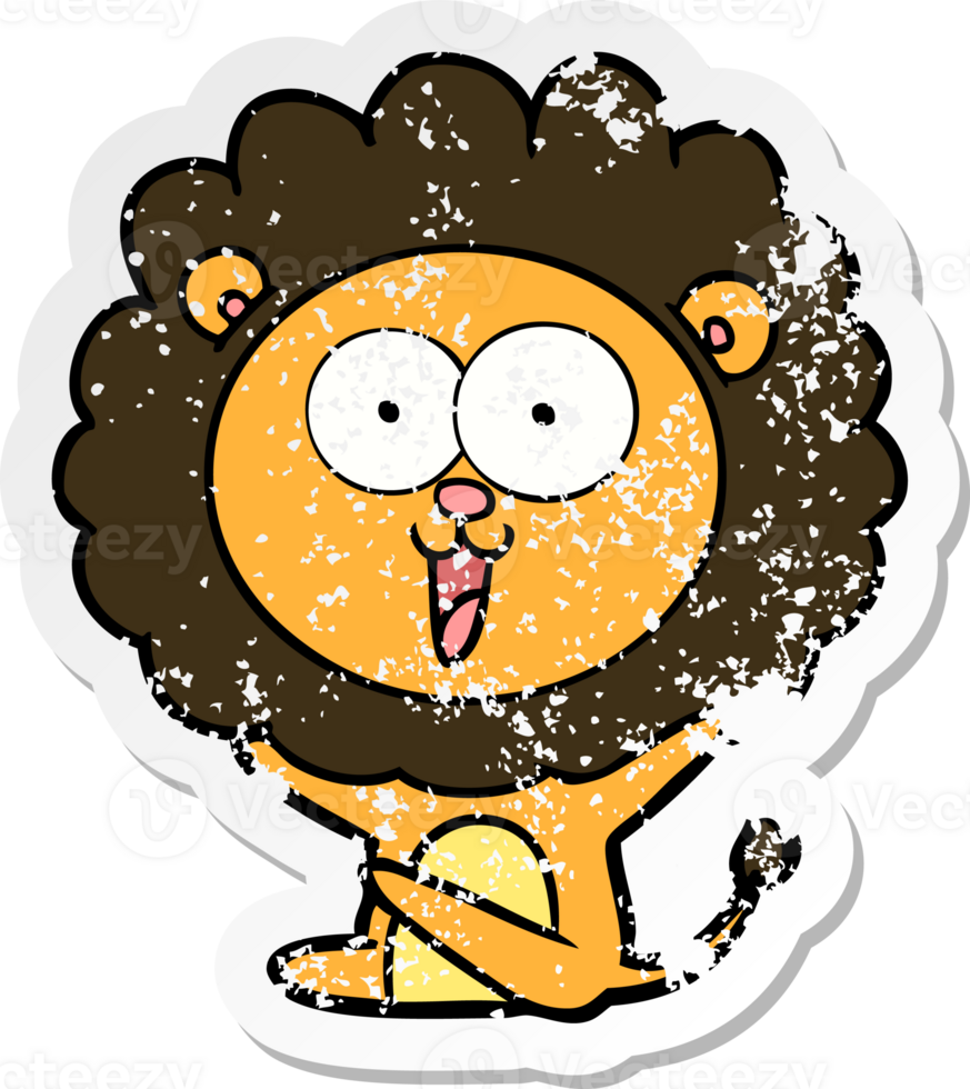 distressed sticker of a happy cartoon lion png