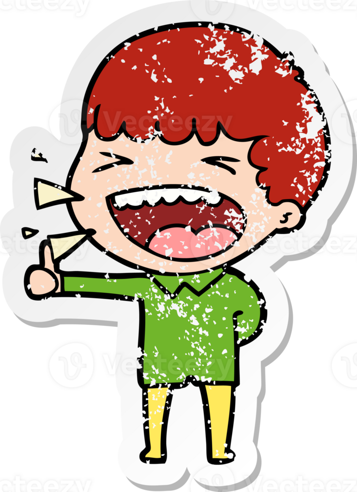 distressed sticker of a cartoon laughing man png