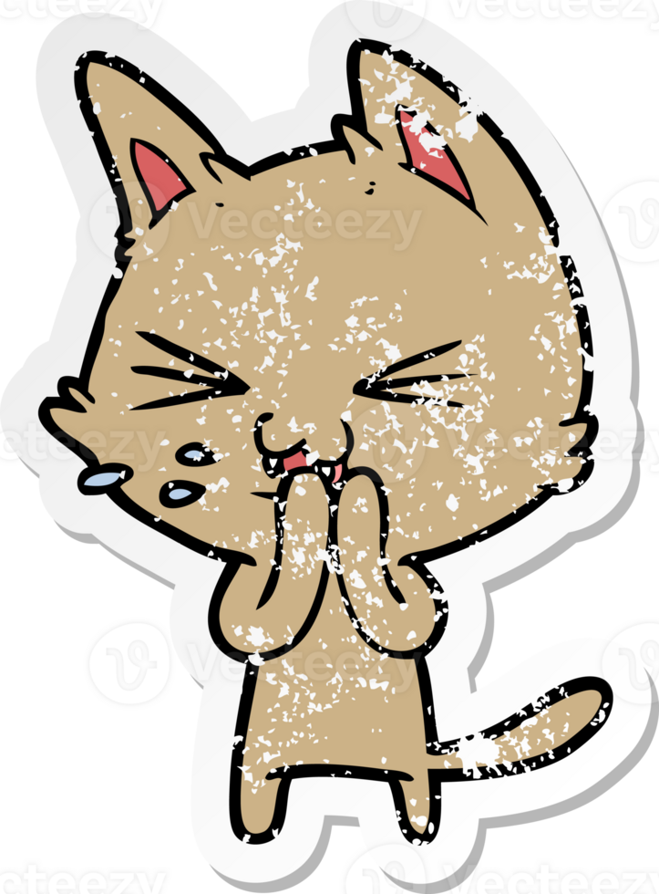 distressed sticker of a cartoon cat hissing png