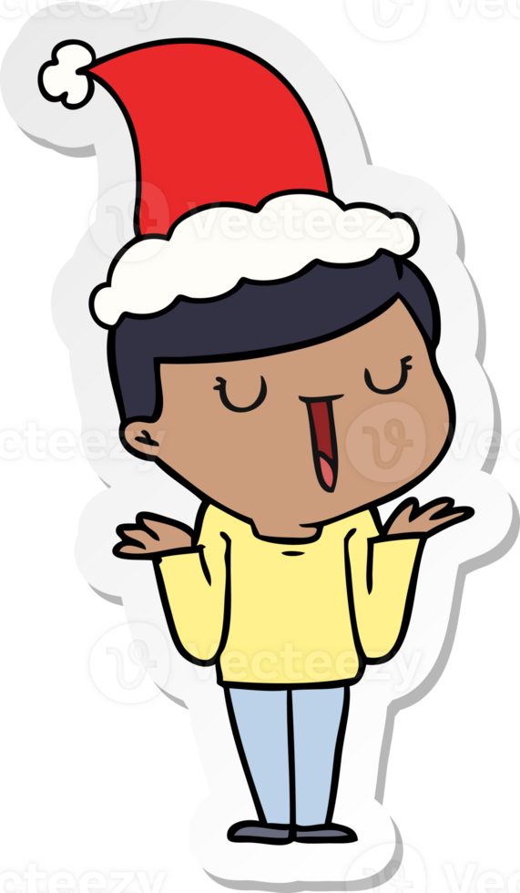 hand drawn sticker cartoon of a happy boy with no worries wearing santa hat png