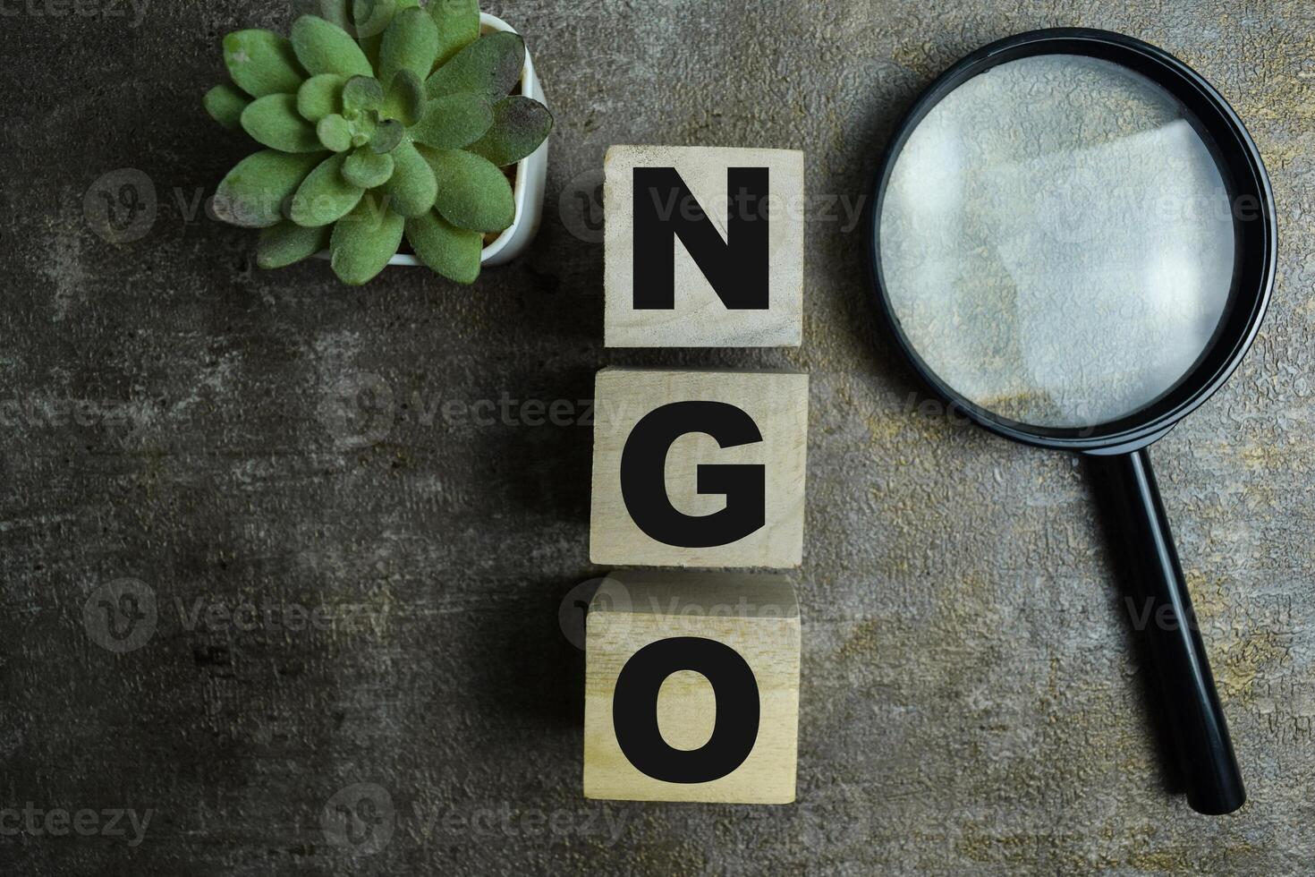 Concept of The wooden Cubes with the word NGO - Non-Governmental Organization on wooden background. photo