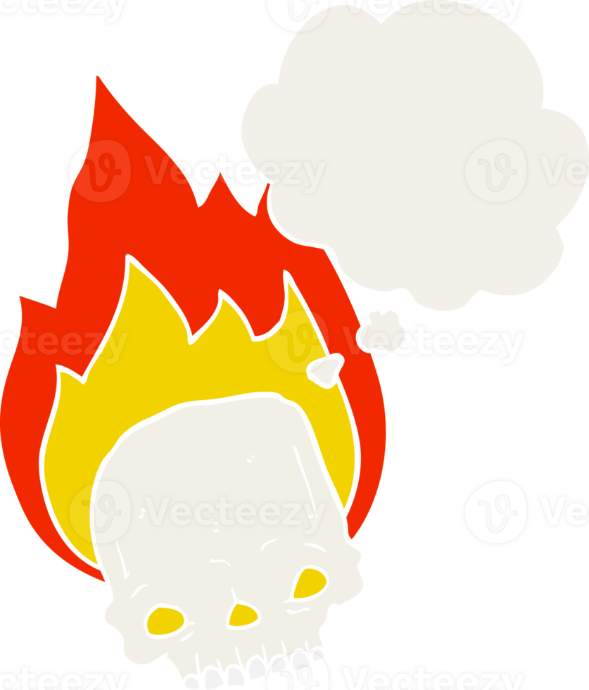 spooky cartoon flaming skull with thought bubble in retro style png