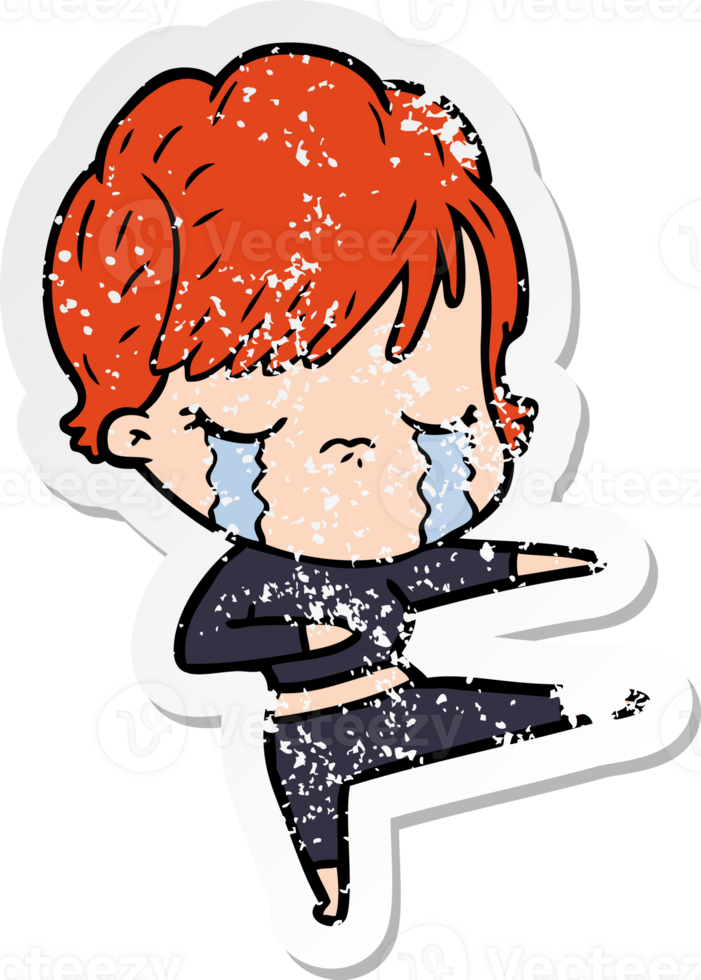 distressed sticker of a cartoon woman crying png