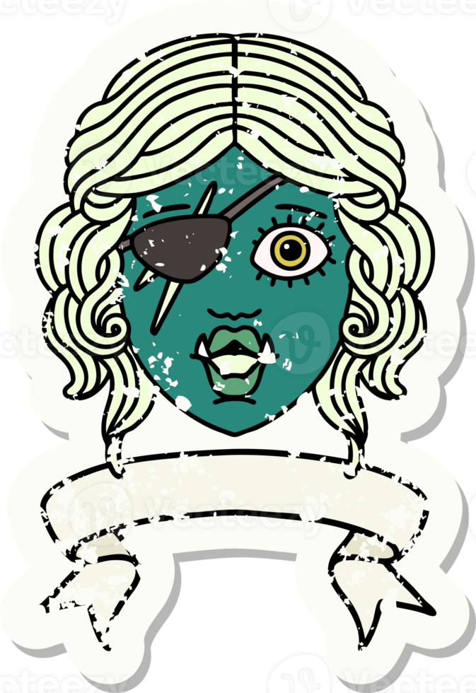 Retro Tattoo Style orc rogue character face with banner png