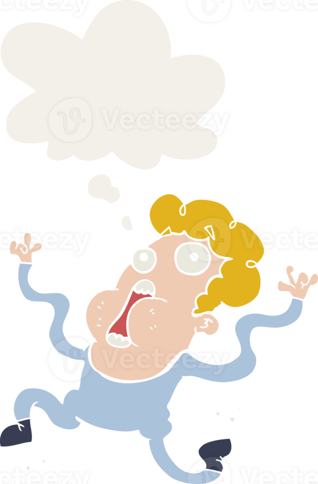 cartoon terrified man with thought bubble in retro style png
