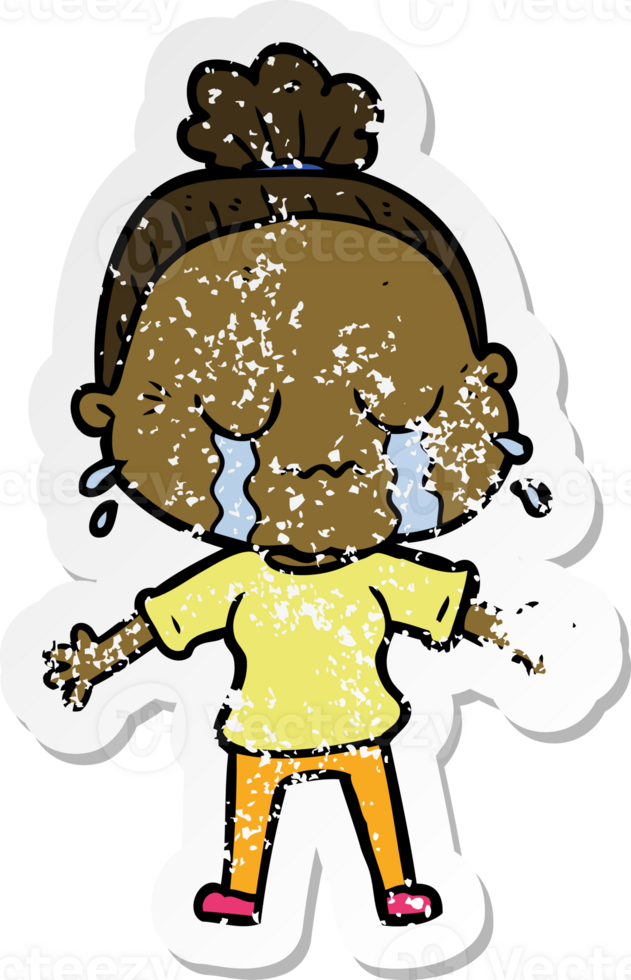 distressed sticker of a cartoon crying old lady png