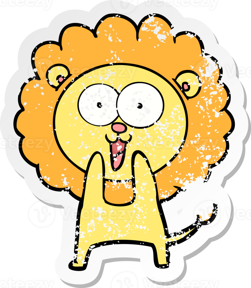 distressed sticker of a happy cartoon lion png