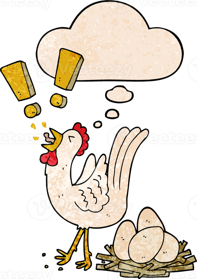 cartoon chicken laying egg with thought bubble in grunge texture style png