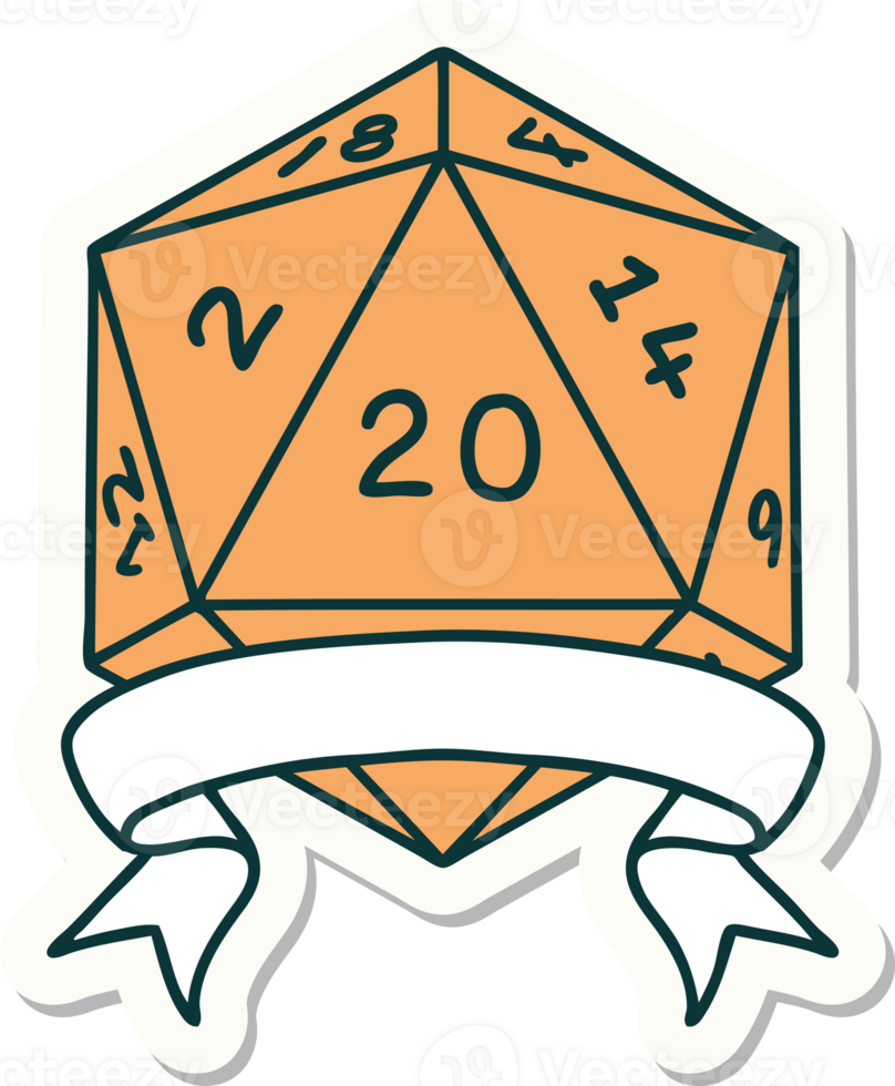 sticker of a natural 20 critical hit D20 dice roll png