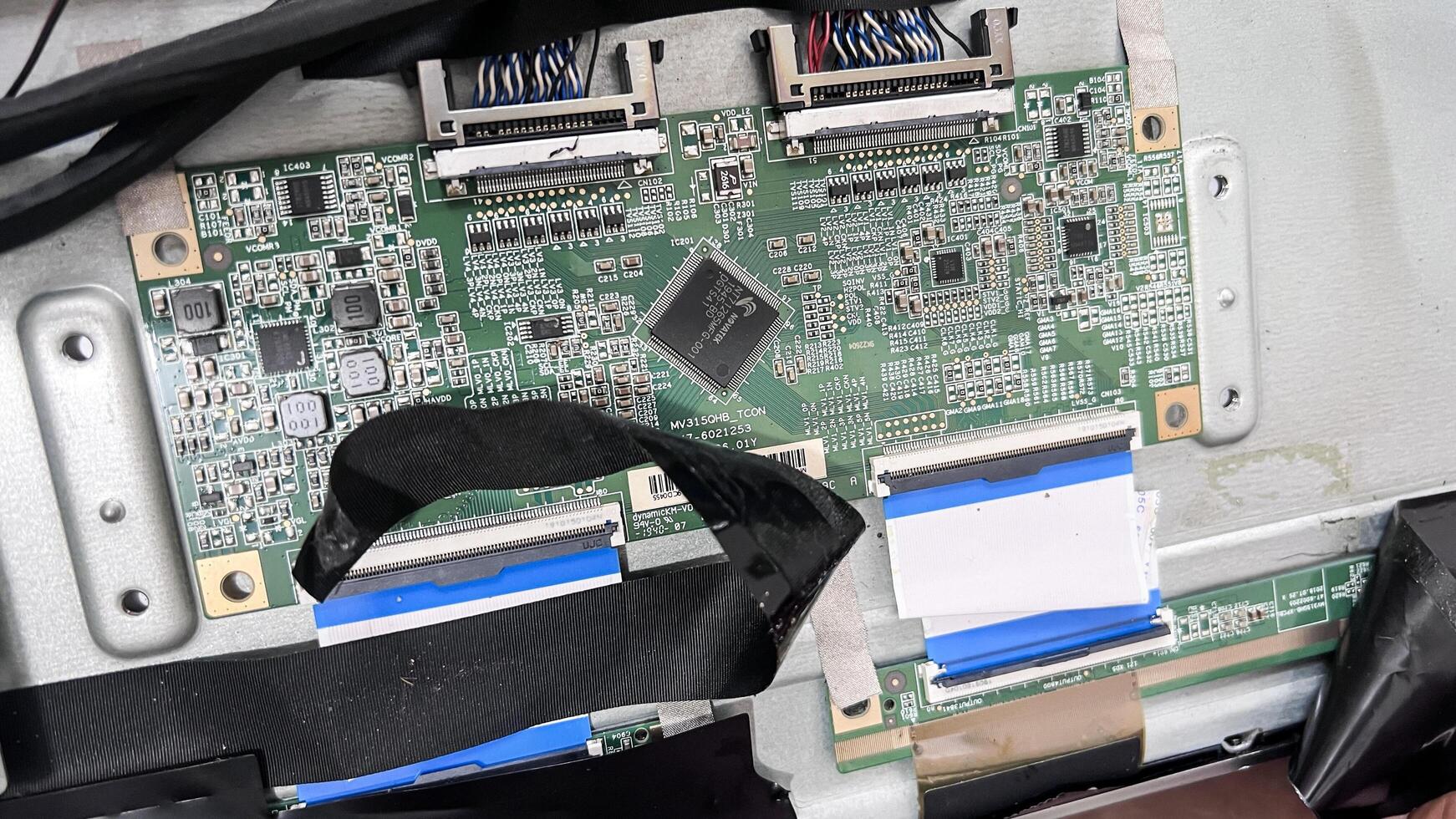 Circuit board with electronic devices attached to the top of the circuit board along There are various IC numbers. Bekasi, Indonesia, May 1, 2024 photo