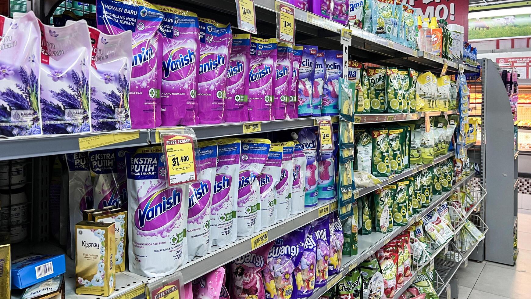 Detergents For Laundry Cleaning On Supermarket Shelf. photo