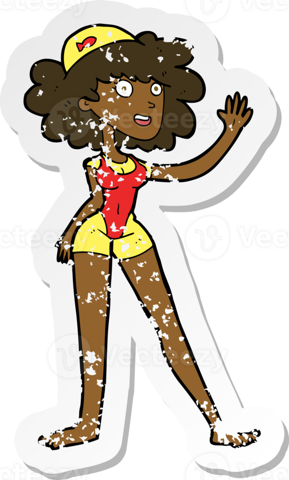 retro distressed sticker of a cartoon swimmer woman png