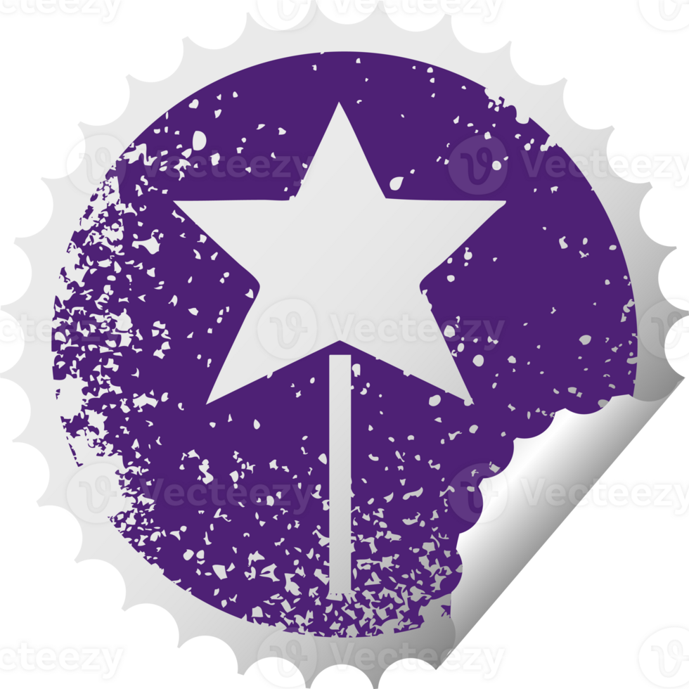 distressed circular peeling sticker symbol of a star wand png