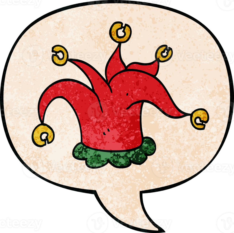 cartoon jester hat with speech bubble in retro texture style png