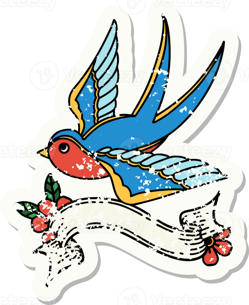 worn old sticker with banner of a swallow png